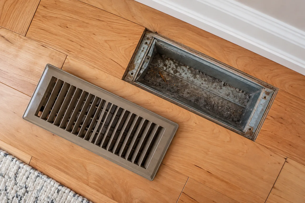 Grille de chauffage retirée pour inspecter la poussière dans une bouche de plancher